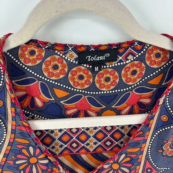 Tolani Silk Multicolor Bohemian tunic Column Dress 3/4 sleeve tie neck women’s m - Picture 4 of 7